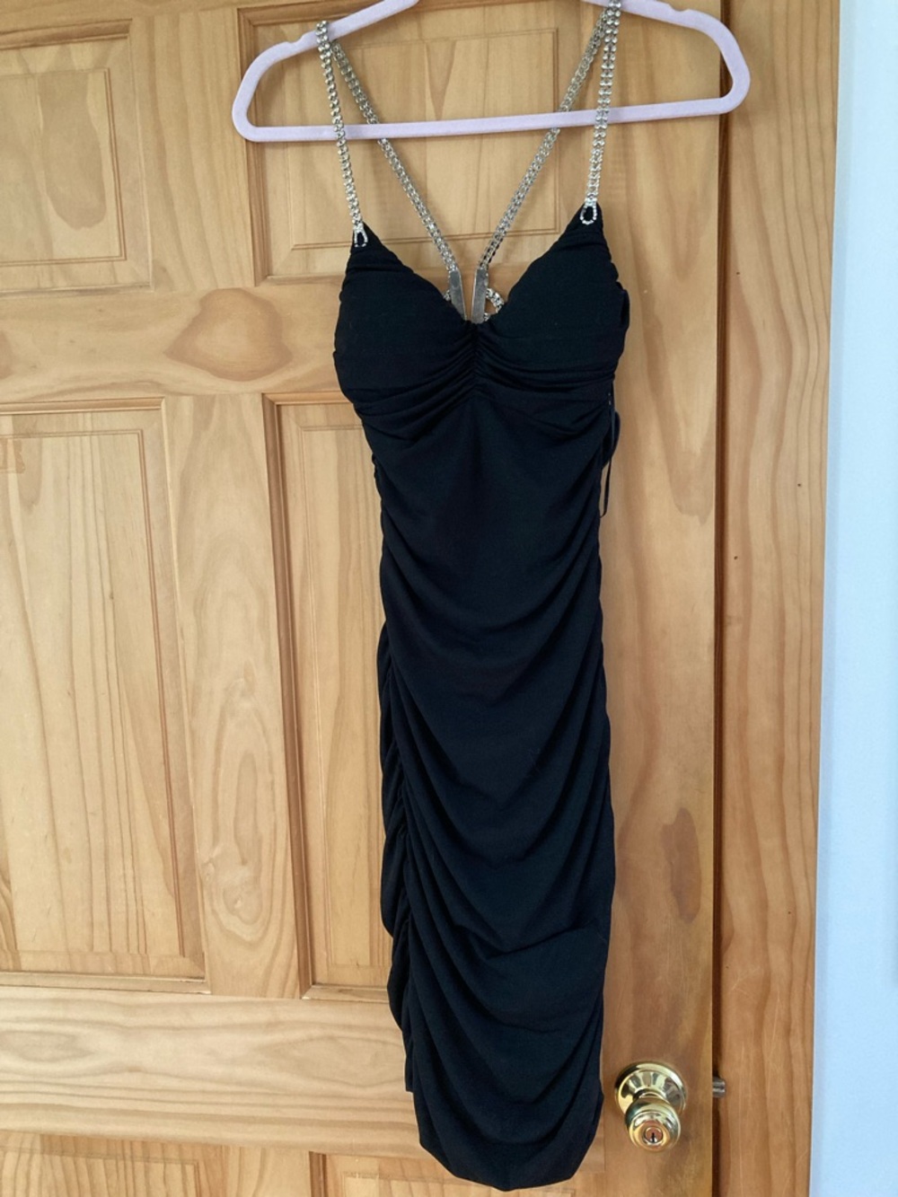Cache Black Mini Dress with Rhinestone Straps